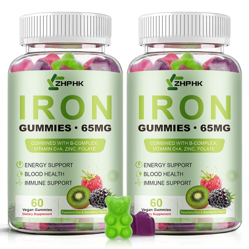 Iron Gummies for Women Men 65mg Iron & Vitamin C 250mg with B6 B12 Folate | 65mg Iron, Vitamin C 250mg, B6, B12, Folate, Energy Support for Iron Deficiency, Anemia Raspberry Kiwi & Blackberry 60 Count (Pack of 2)