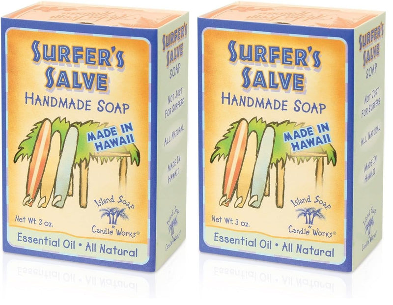 Island Soap & Candle Works Surfer's Salve Soap - Made in Hawaii w/Lavender & Tea Tree Essential Oil, Vitamin E, & Aloe - Soap for Sunburned or Damaged & Dry Skin - 3 Ounces (Pack of 2) 3 Fl Oz (Pack of 2)