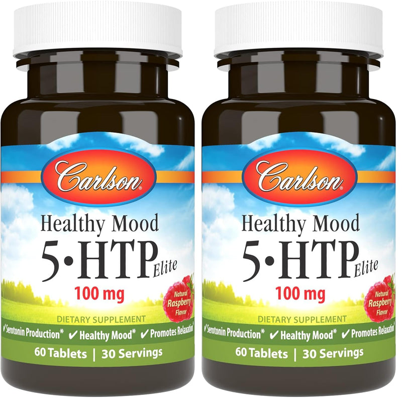 Carlson Healthy Mood 5-HTP Elite 100 mg with Vitamin B6 - Mood Support & Relaxation Supplement - Raspberry Chewable - 60 Tablets (Pack of 2) 60 Count (Pack of 2)