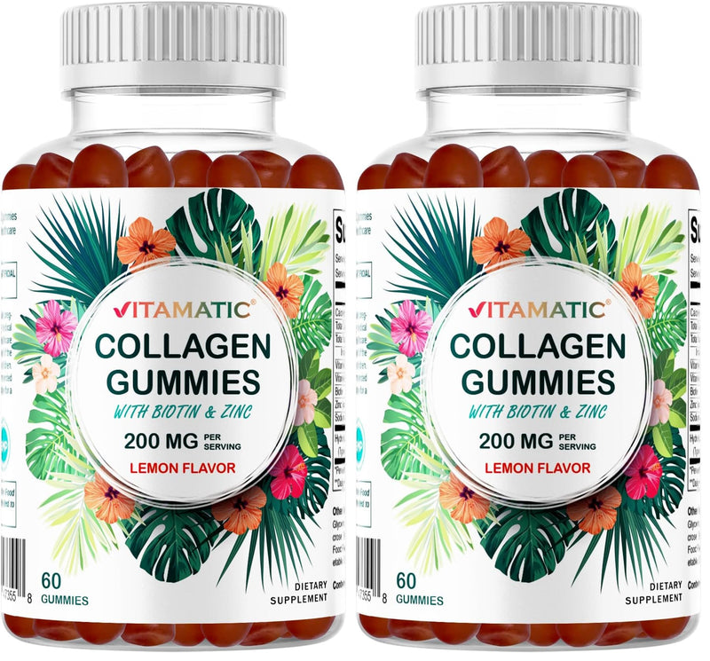 Vitamatic Hydrolyzed Collagen Gummies with Vitamin C, Zinc and Biotin, 200 mg - Healthy Skin Support - 60 Gummies (Pack of 2) 60 Count (Pack of 2)