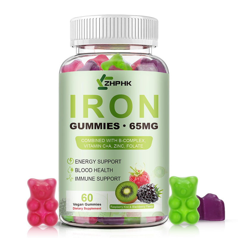 Iron Supplement for Women, Men & Kids, Energy Support for Iron Deficiency | Iron Supplement, 65mg & Vitamin C 250mg per Serving, with B6 B12 Folate,for Iron Deficiency, Anemia Raspberry Kiwi & Blackberry 60 Count (Pack of 1)