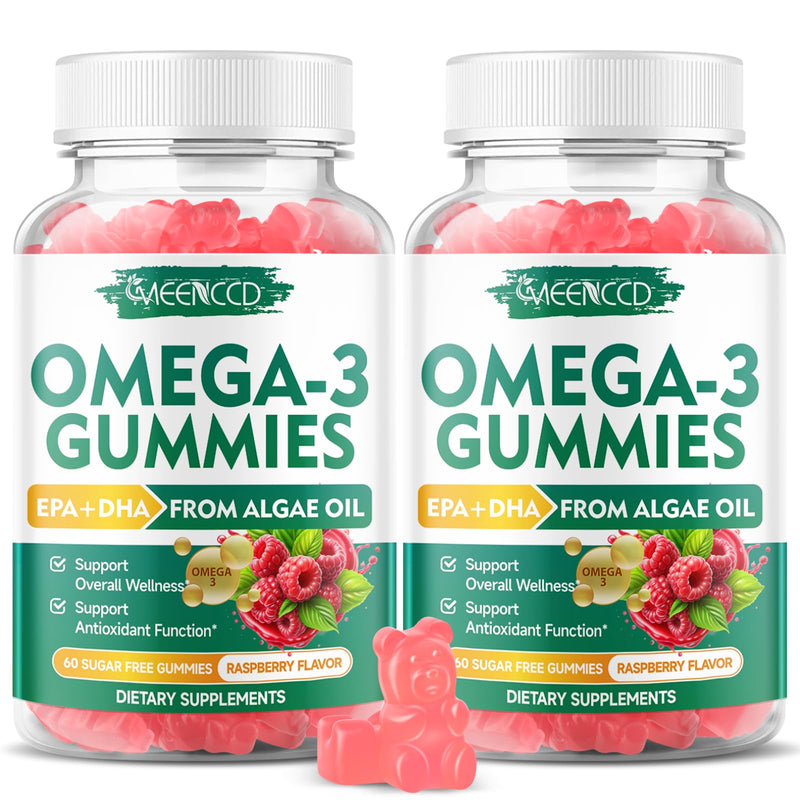 2 Pack Omega-3 Gummies 1000mg, Omega 3 Fish Oil Alternative for Adults, Algae-Based DHA 600mg & EPA 300mg + Vitamins A, C, E, Zinc, Supports Overall Wellness, Raspberry Flavor, 120 Count 60 Count (Pack of 2)