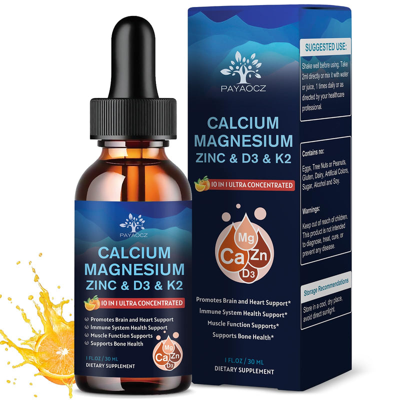 (2 Pack) 10 in 1 Magnesium Calcium Zinc Supplement with Vitamin C D3 K2, Glycinate Mag Vegan Liquid Drops Plus L-Theanine Boron Sea Moss Extract, Bone & Immune Support, Orange Flavor, 1 Fl Oz 1 Fl Oz (Pack of 2)