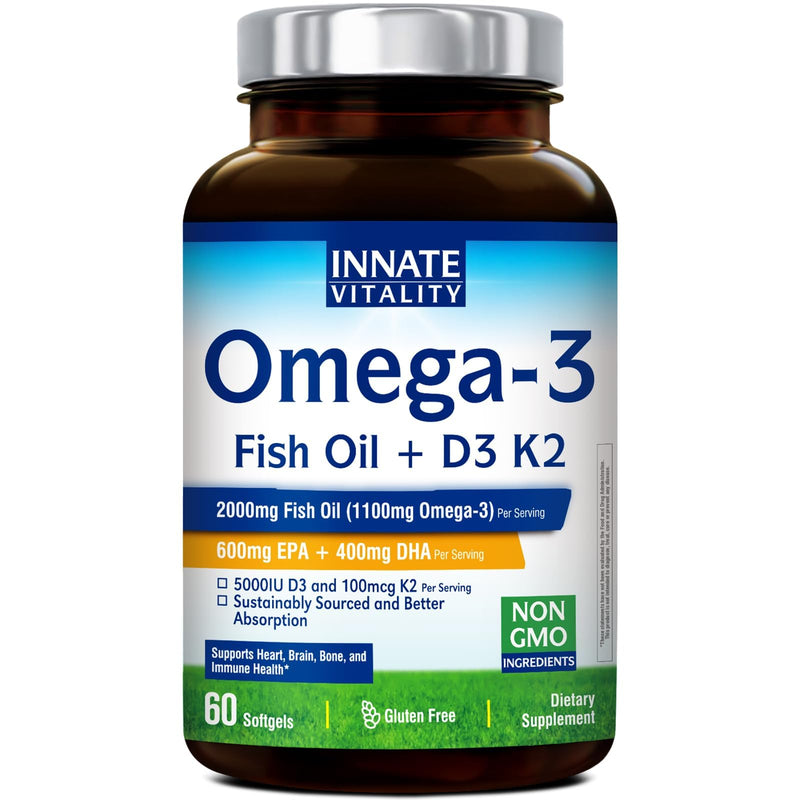 Innate Vitality Omega 3 Fish Oil Supplement, 2000mg Fish Oil Per Serving | EPA 600mg + DHA 400mg with Vitamins D3 K2, Supports Brain & Heart Health, Sustainable & Wild-Caught, 60 Softgels Unflavored 60 Count (Pack of 1)