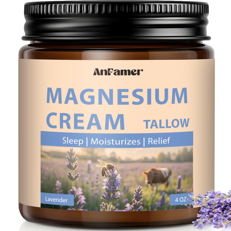 Magnesium Cream for Sleep, Tallow Based Magnesium Lotion and Leg Cramps, Muscle Relaxation, Nighttime Deep Hydration with Shea Butter Jojoba & Vitamin E for Skin Care, Safe for Kids(Lavender) Lavender