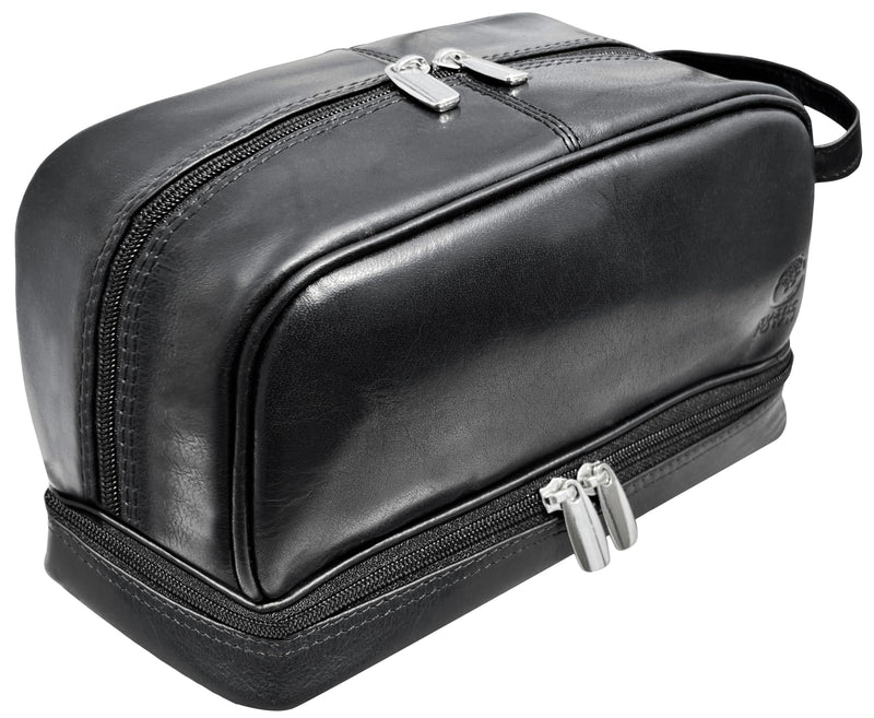 Leather Toiletry Bag for Men - Full Grain Travel Dopp Kit & Shaving Bag | Handcrafted, Dual Compartment, YKK Zipper, TSA Carry-On, Waterproof Lining, Metal Feets, Makeup & Cosmetic Organizer Black