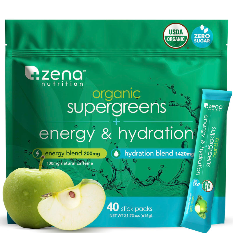 [Australia] - Zena Nutrition Organic Super Greens Energy & Hydration Powder, 70+ Superfoods, 0 Sugar, 5G Fiber, Spirulina, Chlorella, Prebiotics/Probiotics, Natural Caffeine + Electrolytes, 40 Drink Mix Packets Green Apple 0.21 Ounce (Pack of 40) 
