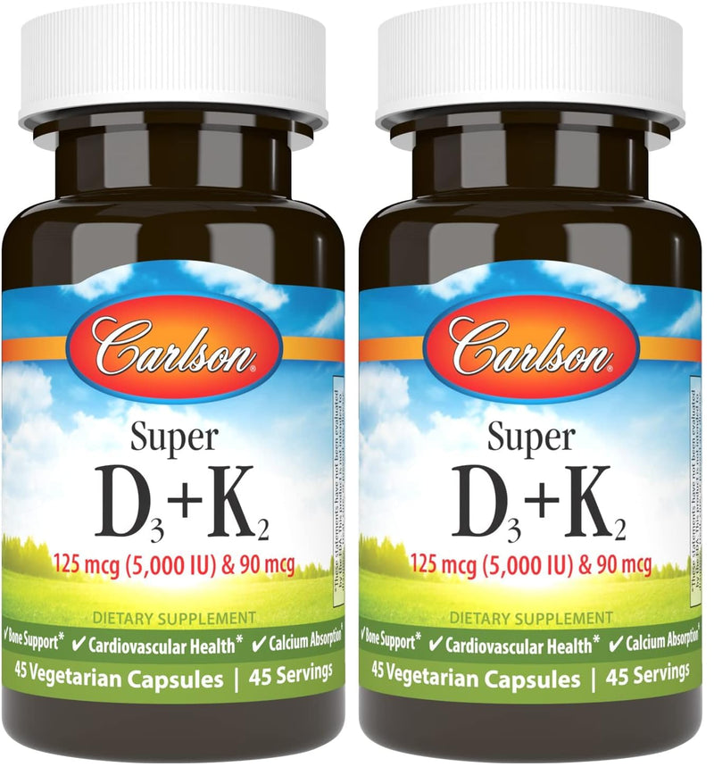 Carlson - Super D3 + K2, 125 mcg (5000 IU) Vitamin D3, 90 mcg Vitamin K2 as MK-7, Bone Support, Calcium Absorption, 45 Vegetarian Capsules (Pack of 2) 45 Count (Pack of 2)