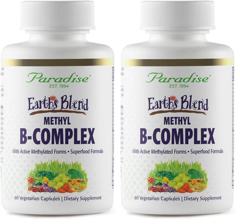 Paradise Herbs, Earth's Blend B-Complex, Methylated, Enzymatically Active Forms of B Vitamins + Superfoods, Supports Energy & Immunity, 60 Capsules (Pack of 2) 60 Count (Pack of 2)