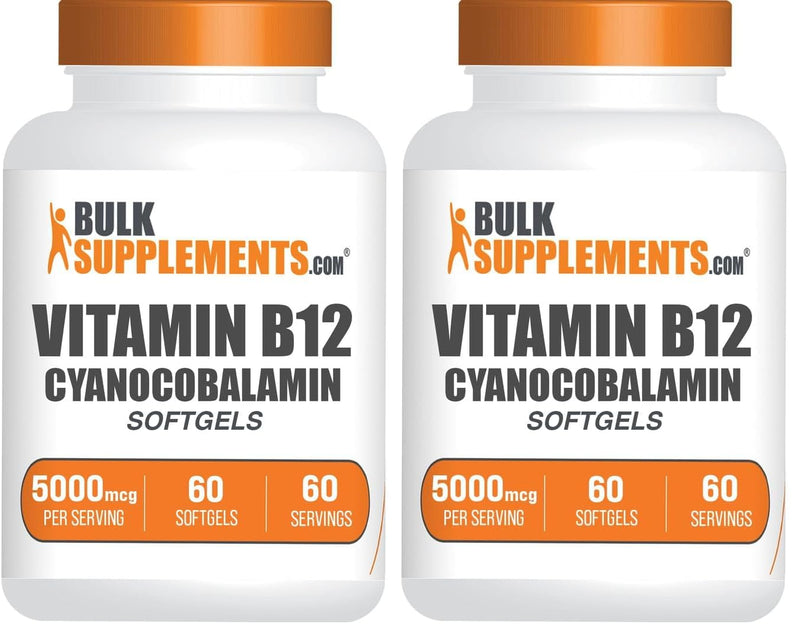 BulkSupplements.com Vitamin B12 5000 mcg Softgels - as Cyanocobalamin, Vitamin B12 Supplements, for Energy Support - Gluten Free, 1 Softgel per Serving, 60 Count (Pack of 2) 60 Count (Pack of 2)