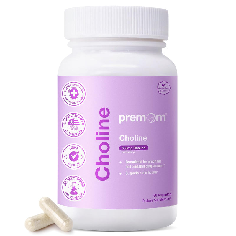 Premom Prenatal Choline Supplements, 550mg Choline Bitartrate, Supports Baby Brain Health & Cognitive Development + Pregnancy & Postpartum Breastfeeding for Women*, 60 Veggie Capsules