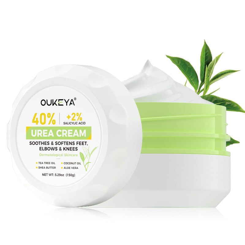 OUKEYA 40% Urea Foot Cream Salicylic Acid Tea Tree Oil Cracked Dry Skin | Ceramides Nourish Feet Hands Elbows Knees 150G 5.29 Ounce (Pack of 1)
