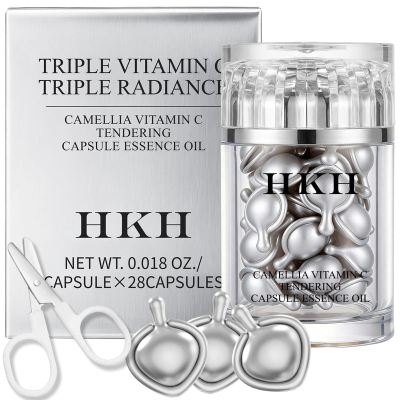 HKH Triple Vitamin C Serum Capsules for Face – 28 Capsules Dark Spot Corrector - Anti-Aging Skincare & Hydrating Vitamin C with Camellia Extract & Vitamin E - Smooths Fine Lines & Firms Skin Vitamin C plant-based