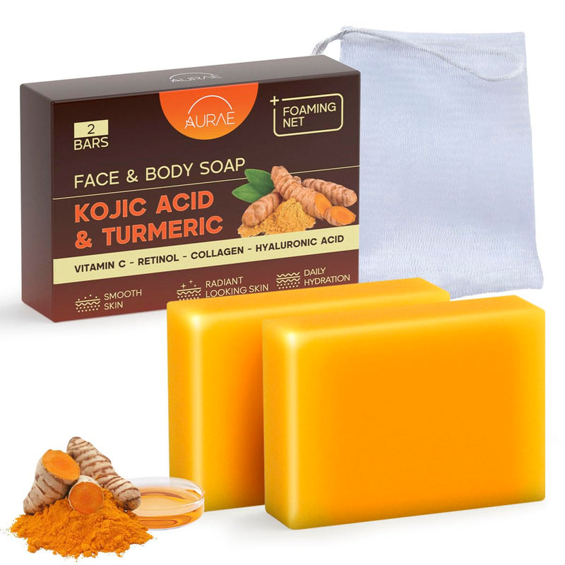 AURAE Kojic Acid & Turmeric Soap Bar for Clear, Hydrated Skin, Gentle Face & Body Cleanser with Vitamin C, Retinol, Collagen & Hyaluronic Acid, Paraben & SLS Free ((3.5oz x 2 Bars) 2 Bar Kojic Acid & Turmeric
