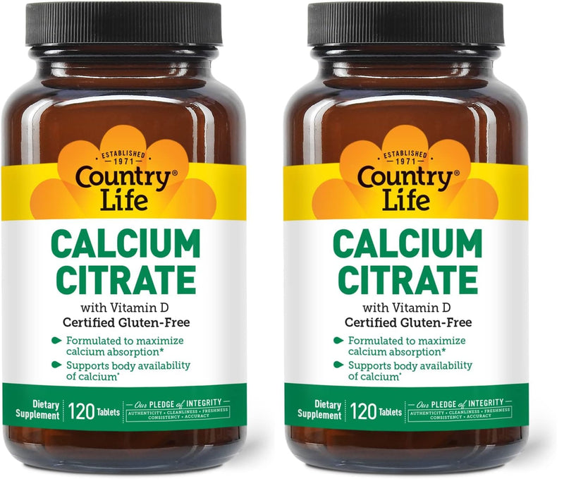 Country Life Calcium Citrate with Vitamin D – 500mg – Highly Absorbable Calcium Supplement – Certified Gluten Free, Vegan, Halal, Non-GMO – 120 Tablets (Pack of 2) 120 Count (Pack of 2)