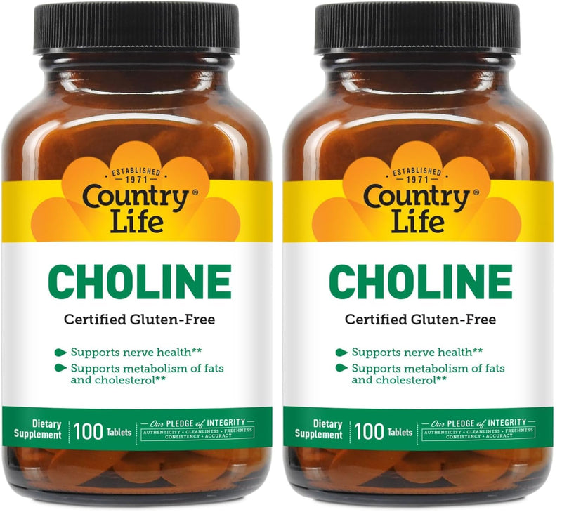 Country Life Choline 266mg, Certified Gluten Free, Certified Vegan, Certified Halal - 100 Tablets (Pack of 2) 100 Count (Pack of 2)