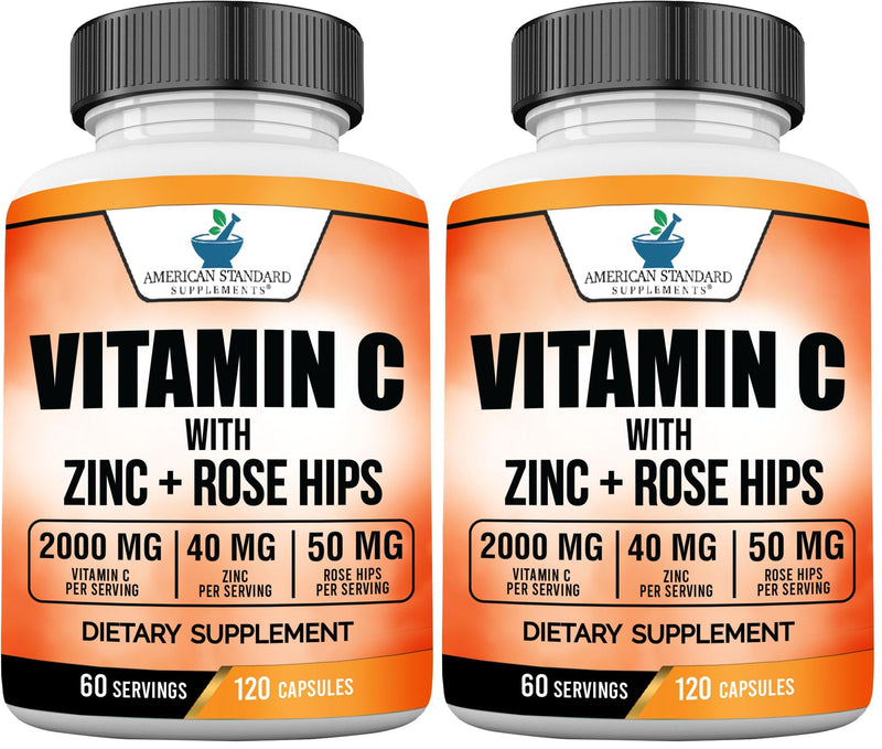 American Standard Supplements Vitamin C 2000mg, Zinc 40mg, and Rose HIPS 50mg Per Serving – Vegan, Gluten Free, Non-GMO (120 Count) (Pack of 2) 120 Count (Pack of 2)