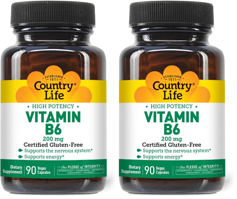 Country Life Vitamin B-6, High Potency, Supports Energy and The Nervous System, 200mg, 90 Vegan Capsules, Certified Gluten Free, Certified Vegan, Certified Halal… (Pack of 2) B-6 Unflavored 90 Count (Pack of 2)