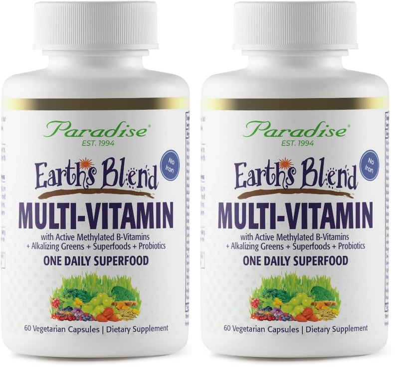 Paradise Herbs Earth's Blend Once Daily Multivitamin for Men, No Iron, 48 Organic Superfoods, Probiotics, and Vitamins A, B12, C, D, K2, 60 Count (Pack of 2)