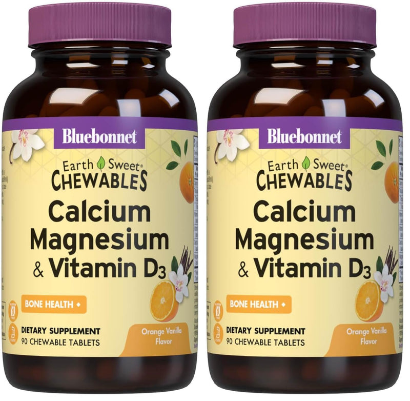 BlueBonnet Nutrition Calcium Magnesium Plus Vitamin D3 Earthsweet | Bone Health & Muscle Relaxation; Kosher, Gluten-Free, Soy-Free, Dairy-Free Orange 90 Count (Pack of 2)