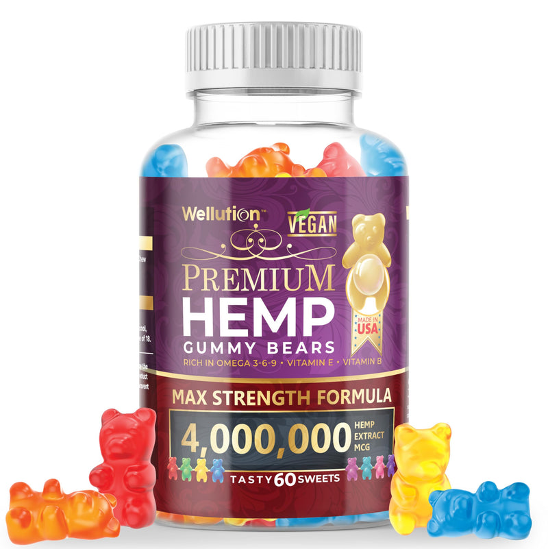 WELLUTION Hemp Gummies XXL 4,000,000 MCG - Vegan Gummy Bears with Natural Hemp Oil, Omega 3-6-9, Vitamins A & D - 60ct