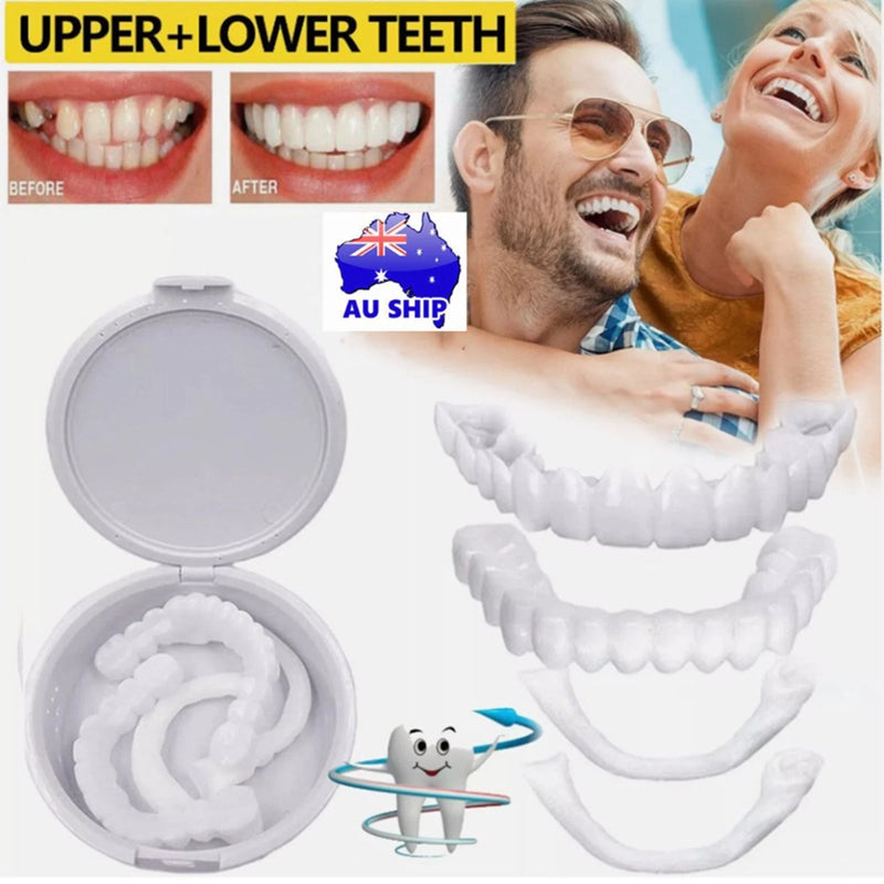 [Australia] - Generic 2 Pair Veneers Silicone Denture Set, Full Dentaduras Upper and Lower for Smile Easy Suitable, Dentures for Men Women with No Teeth Everyday Use 