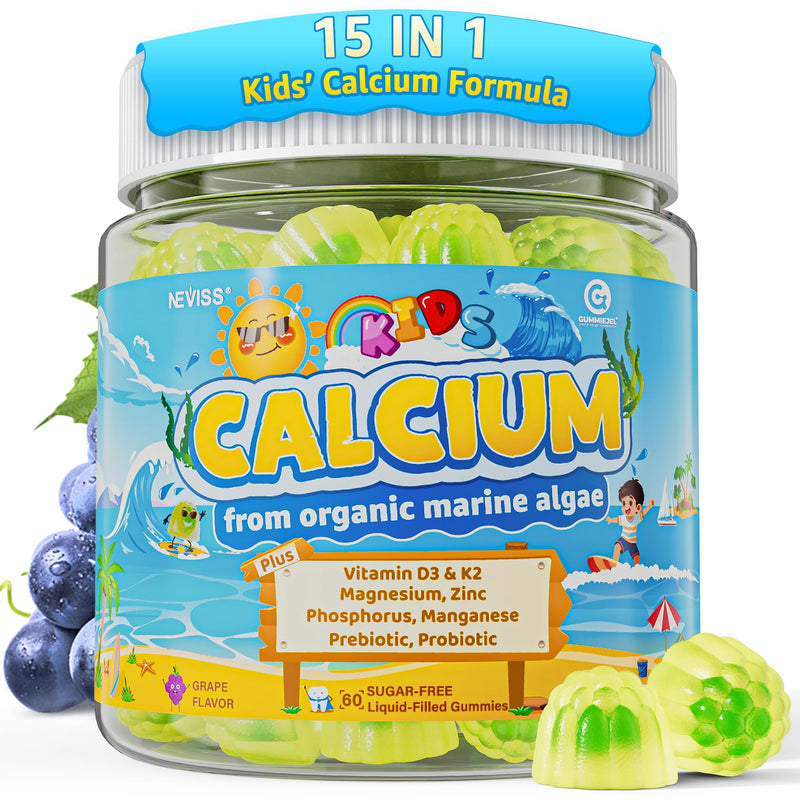 Kids Calcium Gummies + Vitamin D3 (1000IU/2000IU), K2, Magnesium, Phosphorus, Probiotic, Algae Calcium Supplement for Kids 4+ & Teens for Bones & Teeth, Extra Calcium Absorption, Sugar Free, 60 Counts 60 Count (Pack of 1)