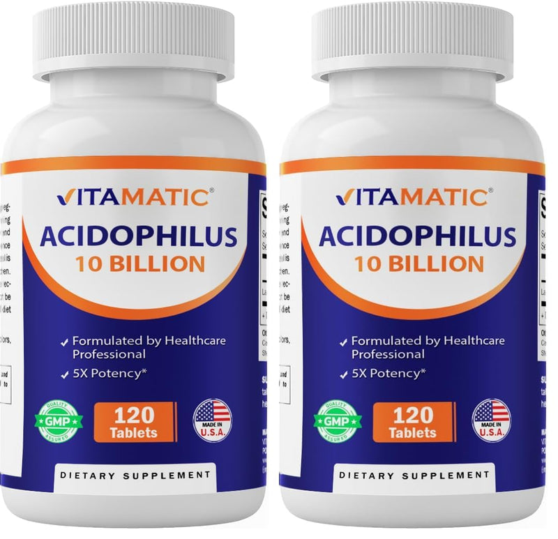 Vitamatic Acidophilus Probiotic - 10 Billion CFU - 5X Potency - Daily Probiotic Supplement, Supports Digestive Health - 120 Tablets (Pack of 2) 120 Count (Pack of 2)