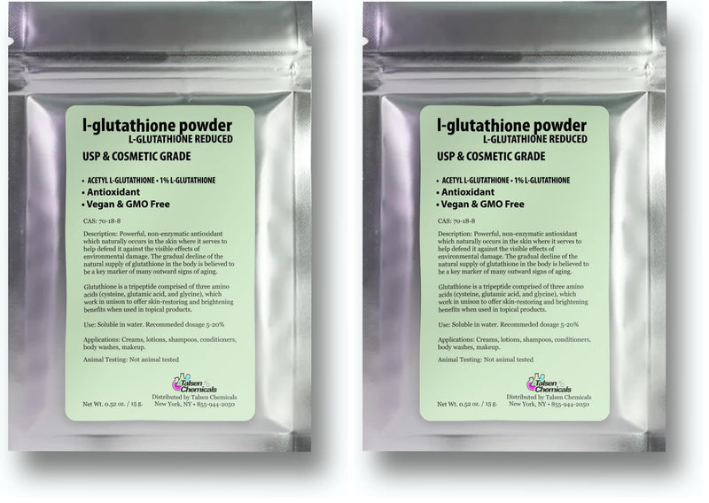 Reduced L-Glutathione Powder DIY Cosmetic Grade Pure Glutathione Organic Powder for Skin, (0.5 Ounce / 15 gram) (Pack of 2) 0.5 Ounce (Pack of 2)
