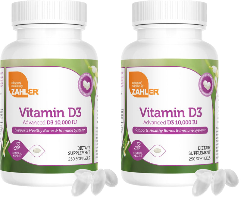 Zahler - Advanced Vitamin D3 10,000 IU Softgels (250 Count) Kosher Vegetarian Friendly Vitamin D for Immune Support, Bone, Teeth & Muscle Health - Easy Swallow VIT D 3 (Pack of 2) 250 (Pack of 2)