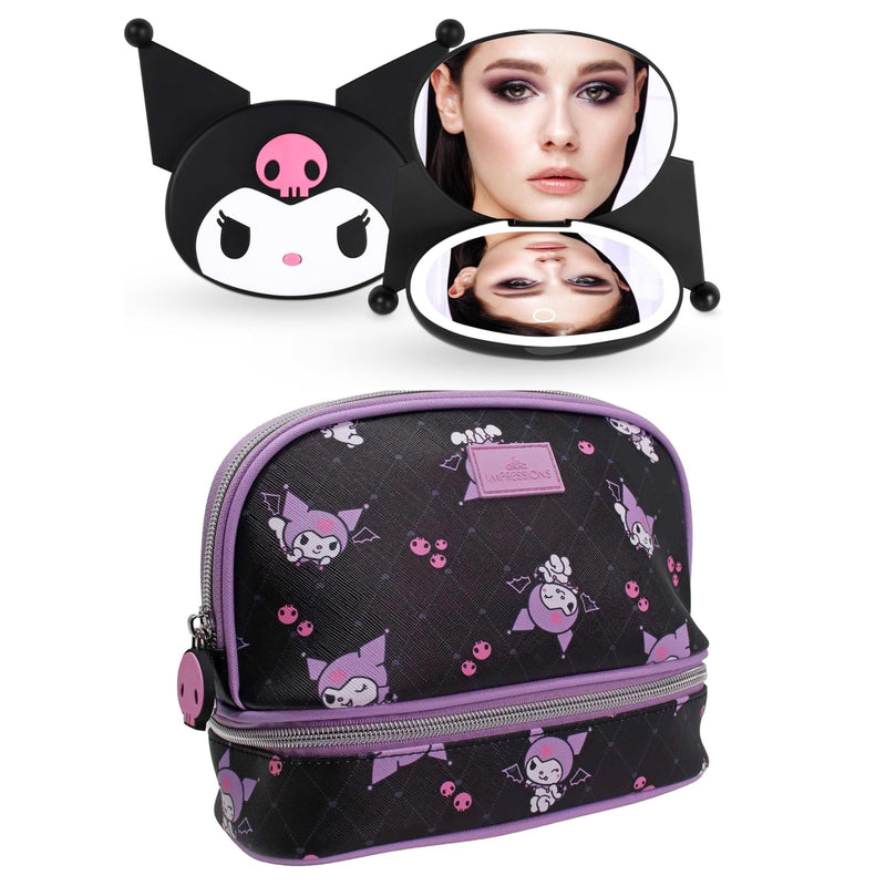 Impressions Vanity Kuromi Bundle Double Layer Travel Makeup Organizer Bag with Slip Pocket and Bottom Compartment, LED Compact Mirror with 3X Magnification, Adjustable Brightness with Figural Design