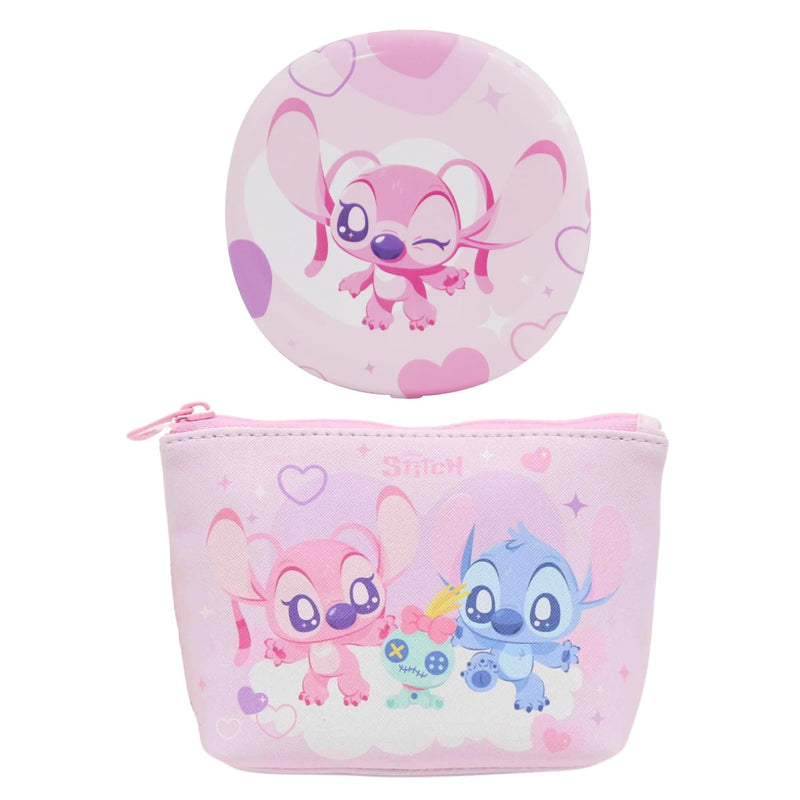 Impressions Vanity Angel Cosmetic Pouch and LED Compact Mirror Set Travel Makeup Bag with Pink Hardware and Portable Lighted Mirror with 3X Magnified top Mirror, Adjustable Brightness