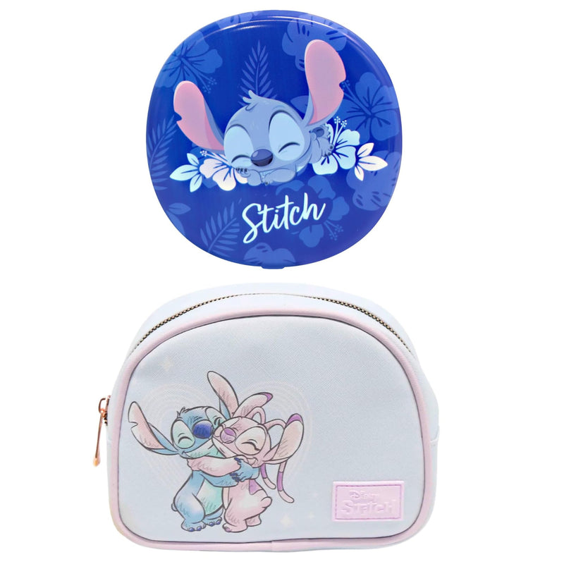 Impressions Vanity Sleepy Stitch LED Compact Mirror and Stitch Love Bugs Cosmetic Pouch Set, Travel Makeup Bag with Rose Gold Hardware and Lighted Mirror with 3X Magnified and Adjustable Brightness