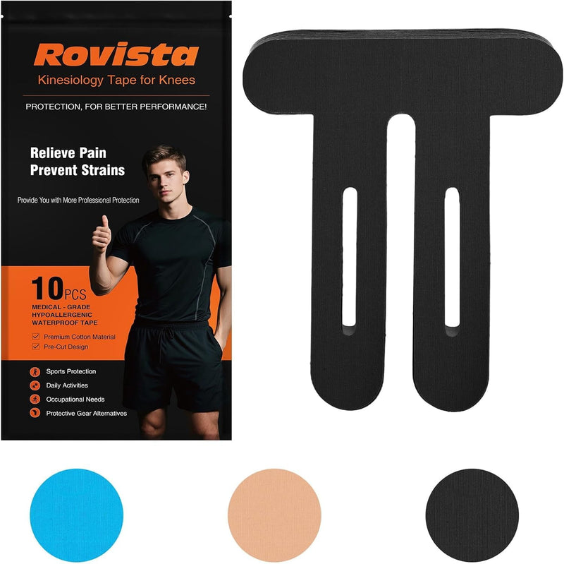 [Australia] - 10 Pcs Precut Kinesiology Tape for Knees - Waterproof and Breathable Knee Tape - Latex-Free and Elastic Athletic Tape for Stability Support and Pain Relief (Black, Standard) Black 