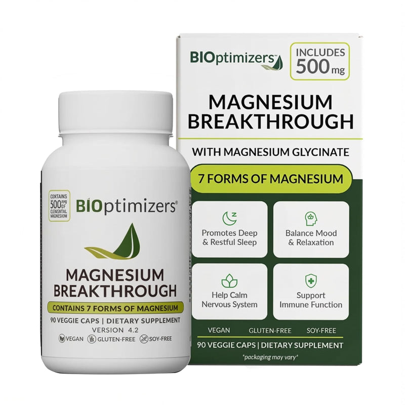 BIOptimizers Magnesium Breakthrough Supplement with 500mg - 7 Forms of Magnesium: Glycinate, Malate, Citrate, and More - Natural Support for Sleep and Cognitive Function -90 Capsules- Calming Vitamins Unflavored 90 Count (Pack of 1)