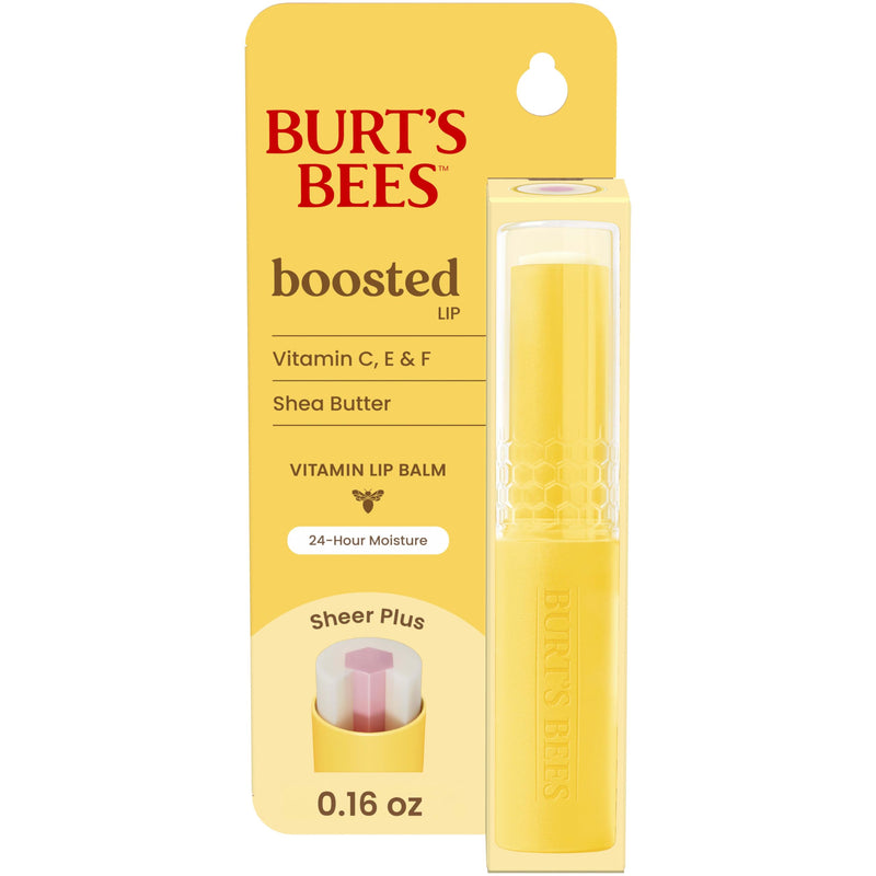 Burt's Bees Boosted Lip Balm Sheer Plus; Vitamin Lip Balm, Nourishing Vitamin C, E, and F Core; 24 Hour Moisture; Tint Free, Semi Glossy Finish; 100% Natural Origin; 1 Tube; 0.16 Oz. 1 Count (Pack of 1)