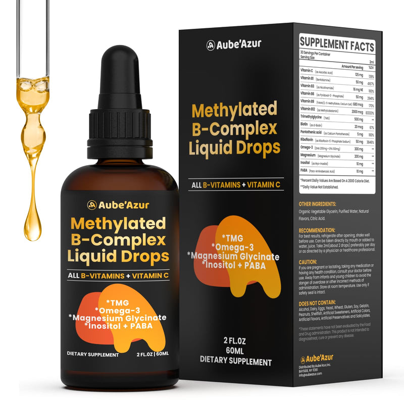 Methylated B Complex Liquid Drops, B Vitamins for Women, Energy, 2 Fl Oz | With Methyl B12, Methylfolate, B1, B3, B5, B6, B7, C, Omega-3, Inositol, Magnesium, TMG. Vegan, Non-GMO, Gluten-Free