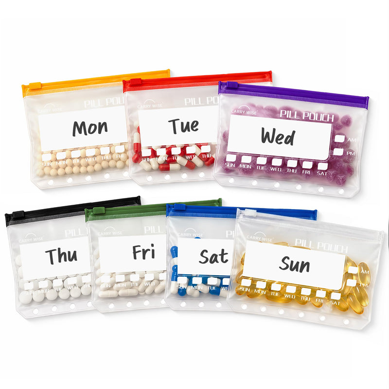 7 Pcs Pill Pouches for Travel, Reusable Pill Bags Set, Large Self Sealing Medicine Bags, Double-Sided Write-On Label, Binder-Ready Hole Design, 3.38 x 5.2 Inch 1