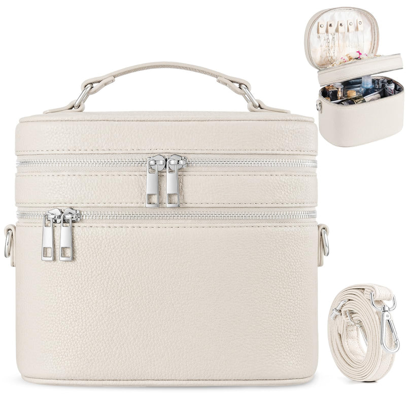 cysiyu Leather Makeup Bag Organizer Double Layer Vanity Bag Large Capacity with Compartments and Handle Travel Portable Storage Crossbody Cosmetic Jewelry Case for Women. Beige