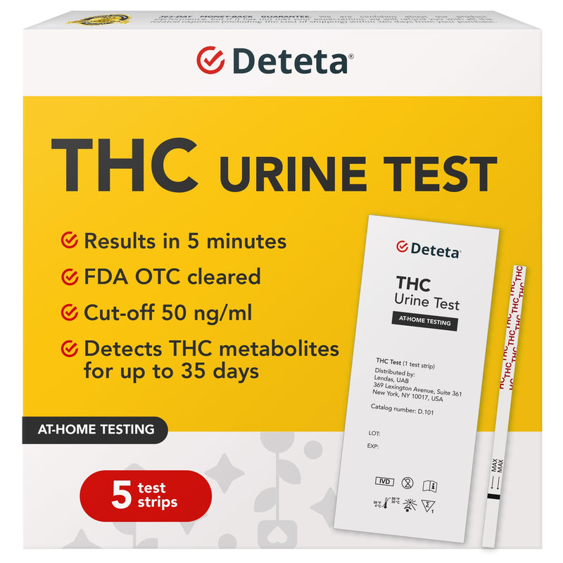 THC Tests for Home, Sensitive 50 ng/mL Urine Strip Kit, 5 Pack | Clear Results in 5 Minutes, CLIA Waived and 510(k) Cleared Weed Test Panels, Made for Edibles, Vapes and Delta 8 Use