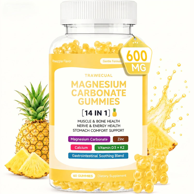 14-in-1 Magnesium Carbonate Gummies 600mg, Pineapple Flavor, 60 Gummies | Magnesium Carbonate Supplement with Chamomile, Ginger, Calcium, Vitamin B6, D3 & K2 for Digestive, Muscle & Nerve Support
