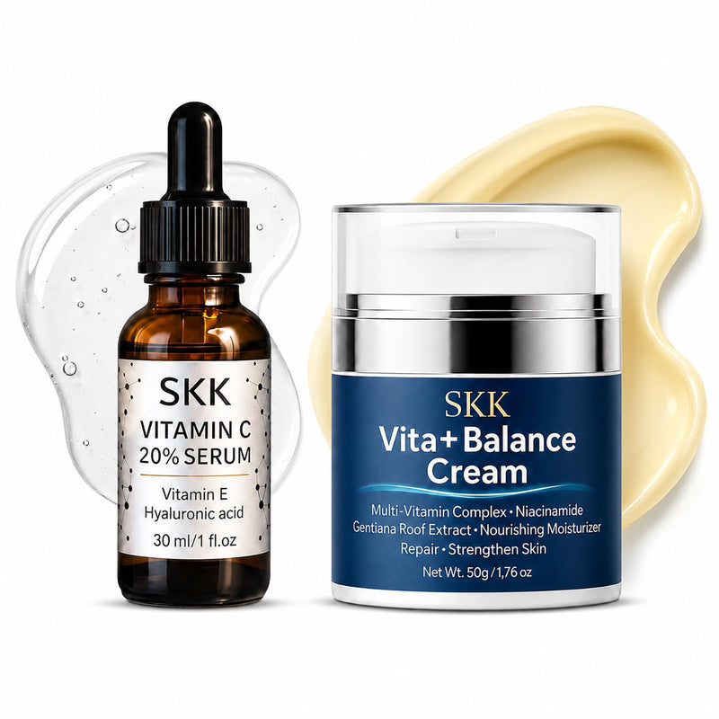 Vitamin C Serum & Collagen Face Cream Set for Face, 2-Step Skincare | Vitamin C serum helps improve the look of dark spots; collagen face cream supports smoother, moisturized skin