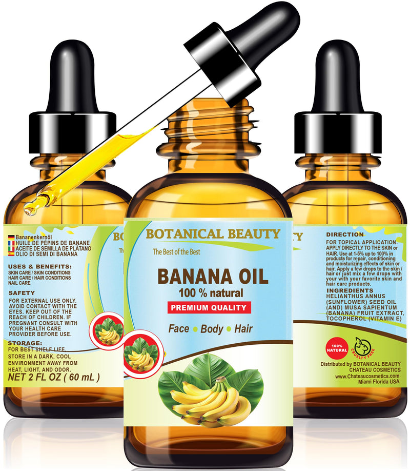Botanical Beauty BANANA OIL 100% Natural Pure Virgin Unrefined Cold Pressed Carrier Oil for Face, Skin, Hair, Lip, Nails for Dry, Sensitive, Normal Skin 2 Fl Oz 60 ml