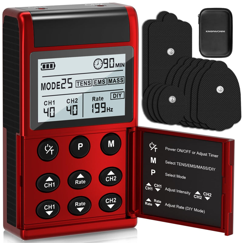 TENS Unit Muscle Stimulator, Rate DIY 1-199Hz, Model B2501 | A/B Channel TENS Machine, 40 Intensities for Back Sciatica Pain Relief, Storage Case, 12 Pads, Home Travel Gift for Dad Mom Red