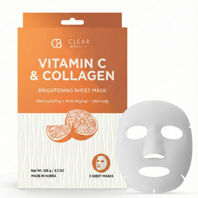 Clear Beauty Vitamin C & Collagen Face Mask – Hydrating & Firming Sheet Masks For Dry, Dull, Aging Skin – Dermatologist Tested, Anti-Aging, Korean Skin Care – Cruelty-Free Clean Beauty – 5 Count Vitamin C & Collagen (V2)