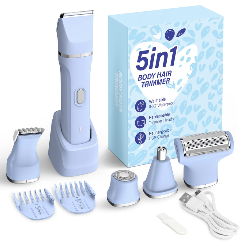 [Australia] - KINGTEE 5-in-1 Electric Bikini Trimmer for Women – IPX7 Waterproof Shaver, Cordless Body & Facial Razors for Women, Ceramic Blades, USB-C Rechargeable, Painless Hair Removal Kit (Blue) Blue 