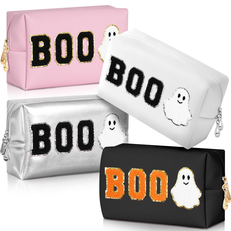Dripykiaa Halloween Makeup Bag Boo Basket Gifts, Spooky Basket Gift for Women, Large Capacity Cosmetic Pouch with Ghost Chenille Patch, Soft Leather Zipper Toiletry Travel Organizer
