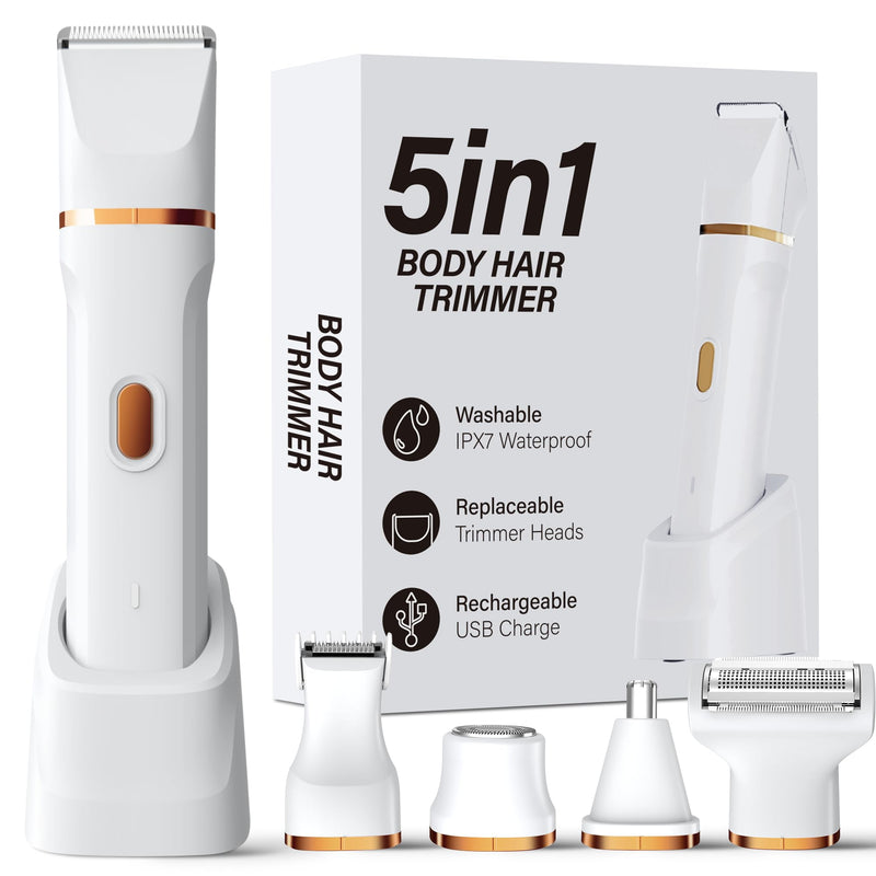 KINGTEE 5-in-1 Electric Bikini Trimmer for Women – IPX7 Waterproof Shaver, Cordless Body & Facial Razors for Women, Ceramic Blades, USB-C Rechargeable, Painless Hair Removal Kit (White) White