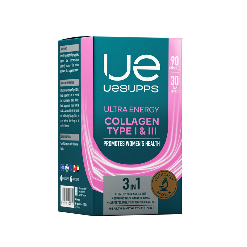 Collagen Type I & III with Vitamin C | Collagen for Skin, Hair, Nails & Connective Tissue | Supports Skin Elasticity, Tendons & Ligaments | 90 Capsules (30-Day Supply). Made in UAE.