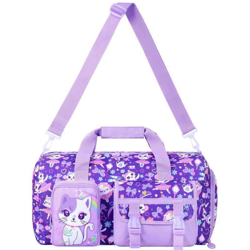 Kids Cat Duffle Bag for Girls, Water-Resistant Travel & Weekender Bag with Shoe Compartment for Sports, Gym & Sleepovers Cute Cat Duffle Bag Purple